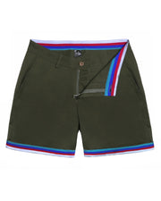 Classic chino shorts for men in a cotton blend from Bang! Clothing from Miami. Features two front pockets and custom engraved button front closure with zip fly.