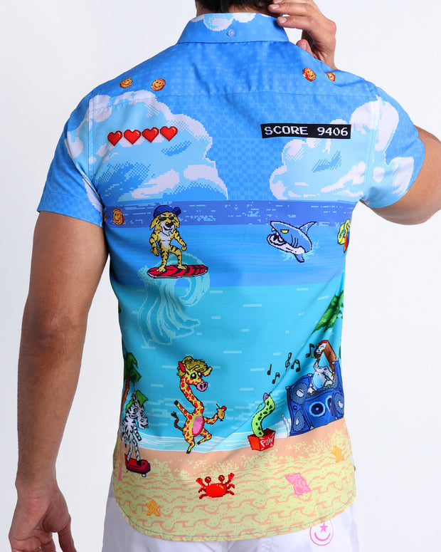 Back view of the 8-BIT WILD BEACH PARTY Hawaiian shirt for men by BANG! menswear Miami with pixelated sprite graphics of Atari video game, Nintendo, Sega, Commodore 64