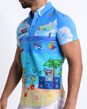 The 8-BIT WILD BEACH PARTY men’s Summer button down shirt by Bang Clothing inspired on 80s vintage video games.