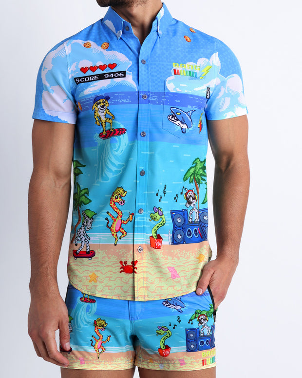 The 8-BIT WILD BEACH PARTY men’s Summer button down shirt with matching trunks by Bang Clothing inspired on 80s vintage video games.