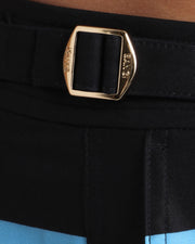 Close-up view of the BIONIC STRIPES men’s summer shorts, showing custom branded golden adjustable side buckles.