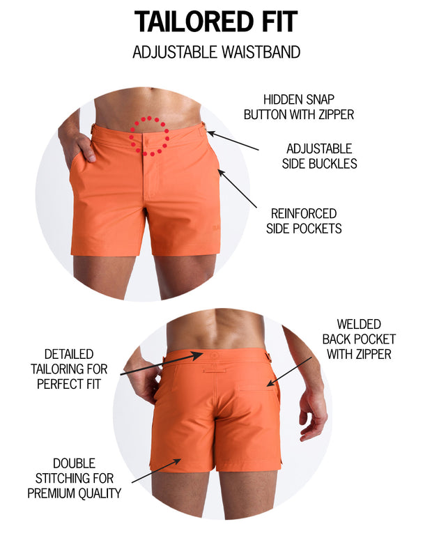 Infographic explaining hidden snap button with zipper, reinforced side pockets, and welded back pocket with zipper premium quality beach shorts for men.