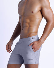 Side view of GRAY ANATOMY men’s Summer shorts in dove grey made by Miami-based Bang Clothing of men's beachwear