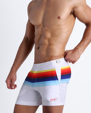 Side view of the STRIPES ON 45 swimsuit for men in solid white and vintage 80s stripes Bang! Clothing of Miami.