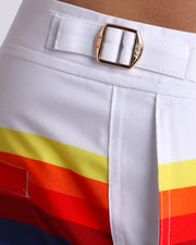 Close-up view of the STRIPES ON 45 men’s swimwear, showing custom branded golden adjustable side buckles.