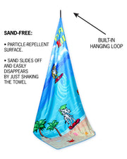 Infographic explaining how the Bang! beach towels are sand-free, lint-free, ultra absorbent and are high quality towels. 