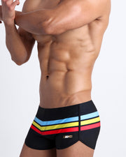 Side view of men’s swim shorts with color stripes, made by the Miami-based Bang! brand of men's beachwear.