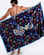 Frontal view of sexy male model showing the HEY MISTER TJ (CLUB MIX) unisex lightweight towel in white with colorful headphones and disc shapes and a dj tiger print by Bang! men's beachwear.