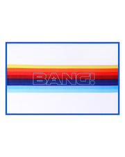 Premium BANG! Clothing  lint-free absorbent towel for the beach and pool in white color and colored stripes by BANG! Clothes based in Miami, Florida. 