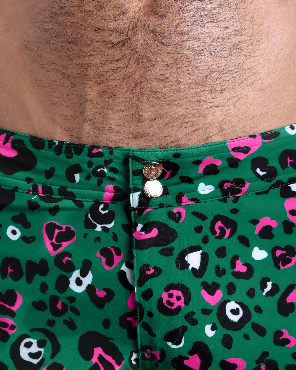 Close-up view of men’s summer beach shorts by BANG! clothing brand, showing custom branded golden buttons.