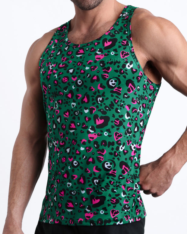 Side view of men’s casual tank top in CAMO CHAMELEON featuring a black, white, hot pink leopard animal print  made by Miami based Bang brand of men&