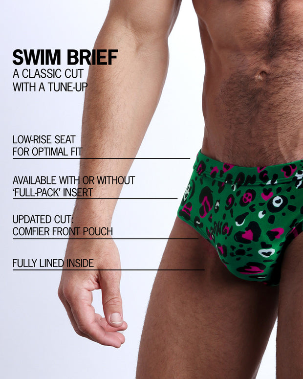 Infographic explaining the classic cut with a tune-up Swim Brief by BANG! Clothes. These men swimsuit is low-rise seat for optimal fit, available with or without &