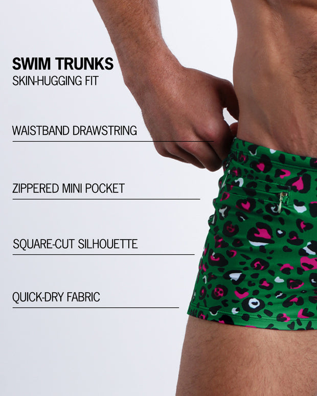 Infographic explaining the Swim Trunks swimming shorts by BANG! These Swim Trunks have a skin-hugging fit, have a wasitband drawstring, zippered mini pocket, square-cut silhouette and quick-dry fabric.