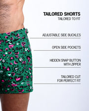 Infographic explaining the Tailored Shorts features and how they're tailored to fit every body form. They have hidden snap button with zipper, reinforced side pockets, and welded back pocket with zipper premium quality beach shorts for men.
