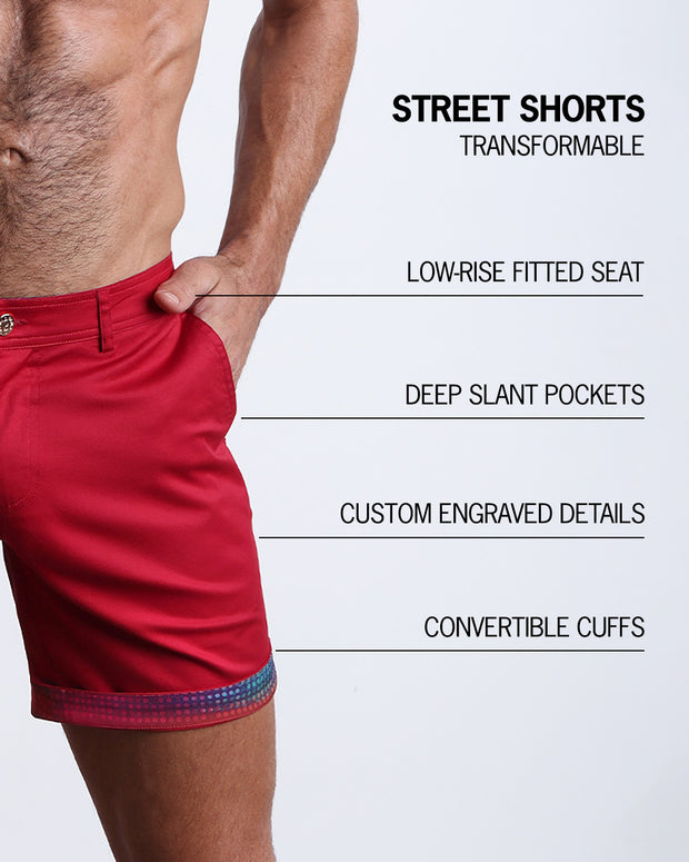 Men tailored fit chino shorts in CONFESSIONS ON A RED FLOOR by Bang! Keeps you feeling comfortable and looking sharp all. Classic chino shorts for men in a cotton blend from Bang! Clothing from Miami. Features two front pockets and custom engraved button front closure with zip fly. Can roll-up cuffs for shorter length and showing internal print. Or hem down for a mid-thigh length and full-solid lime green color showing.