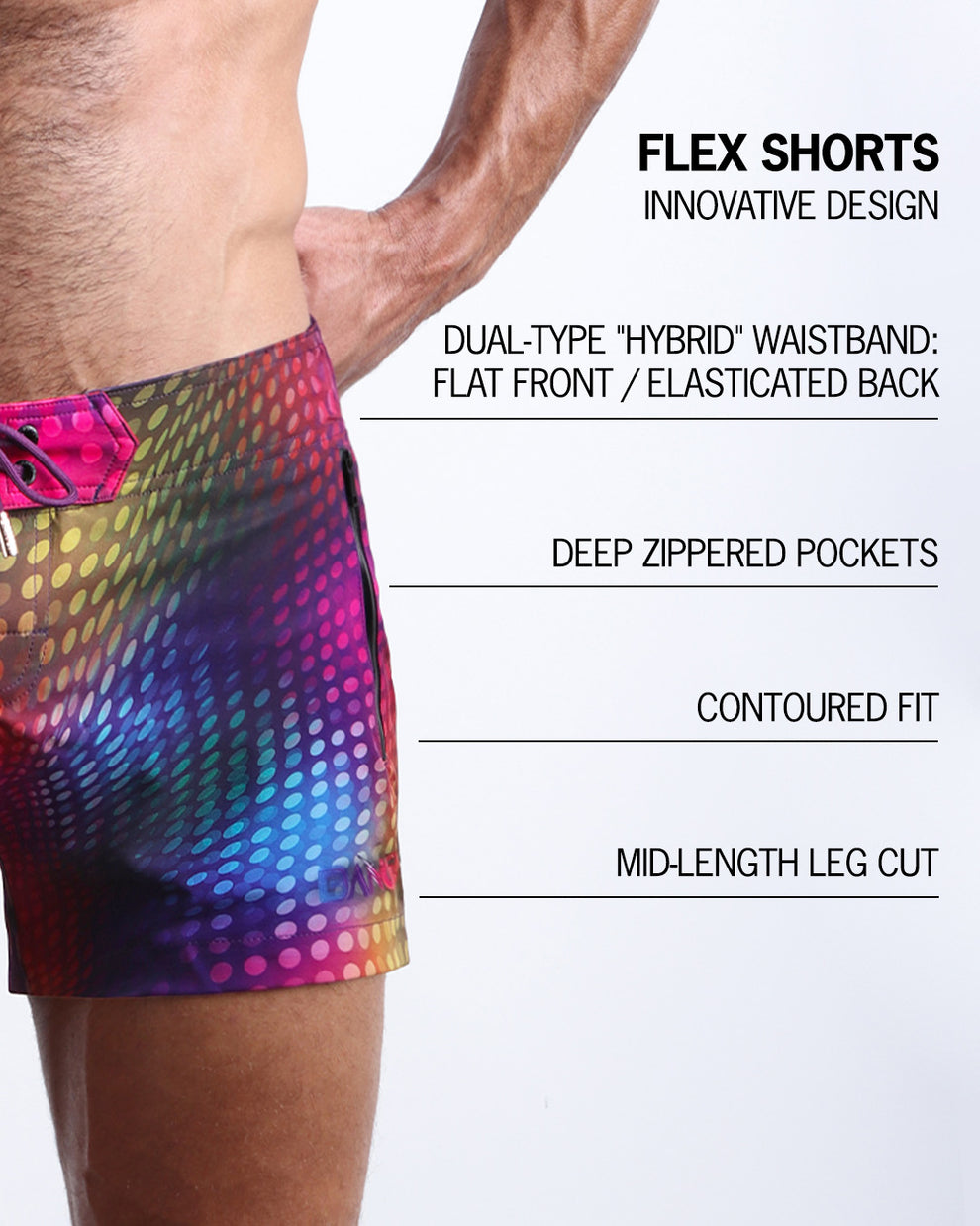 Infographic explaining the innovative design of the FLEX SHORTS. They're dual-type "hybrid" waistband, deep zippered pockets, contoured fit and mid-length leg cut by BANG! Clothes based in Miami.
