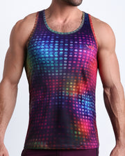 Front view of model wearing the CONFESSIONS ON A SAND FLOOR men’s beach tank top in multiple colors Disco Ball design by the Bang! Clothes brand of men's beachwear from Miami.