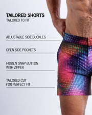 Infographic explaining the Tailored Shorts features and how they're tailored to fit every body form. They have hidden snap button with zipper, reinforced side pockets, and welded back pocket with zipper premium quality beach shorts for men.