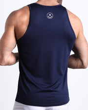 Back view of the CORE BLUE men's fitness tank top in a blue color by BANG! menswear Miami.