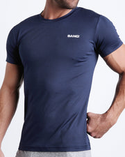 Side view of men’s exercise tee in a blue color made by BANG! Clothing the official brand of mens beachwear. 