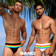 Male models wearing the FOUREVER STRIPES VOL 1 and VOL 2men's bikini-style bottoms by the Bang! Clothes brand of men's swimwear from Miami.