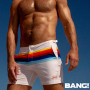 Male model wearing the STRIPES ON 45 men's beach tailored shorts by the Bang! Clothes brand 