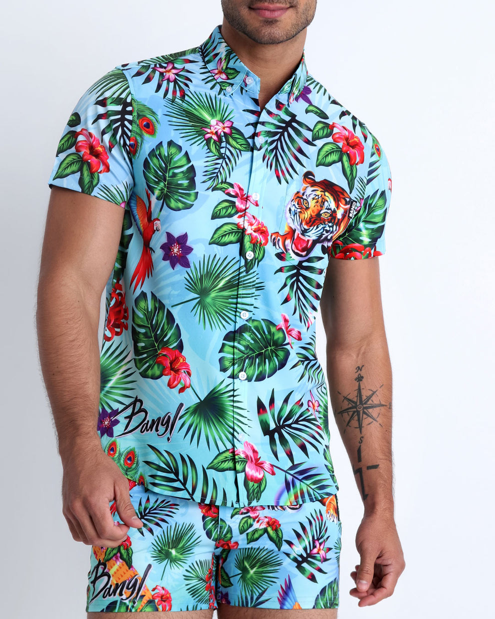 This men's stretch shirt features fun and enegetic jungle graphics in bold colors, with a tiger illustration.