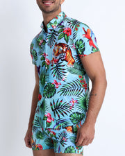 This stretch shirt for men features fun and colorful jungle-style graphics in bold colors with a prominent BANG! Illustration.