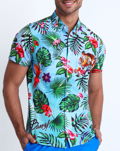This men's stretch shirt features fun and enegetic jungle graphics in bold colors, with a tiger illustration.