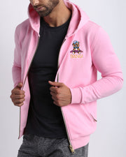 Side view of the EURO PINK men's full-zip hooded fleece sweatshirt by BANG! Clothes based in Miami. This hoodie is soft and skin-friendly with two pockets to store small things and keep hands warm. 