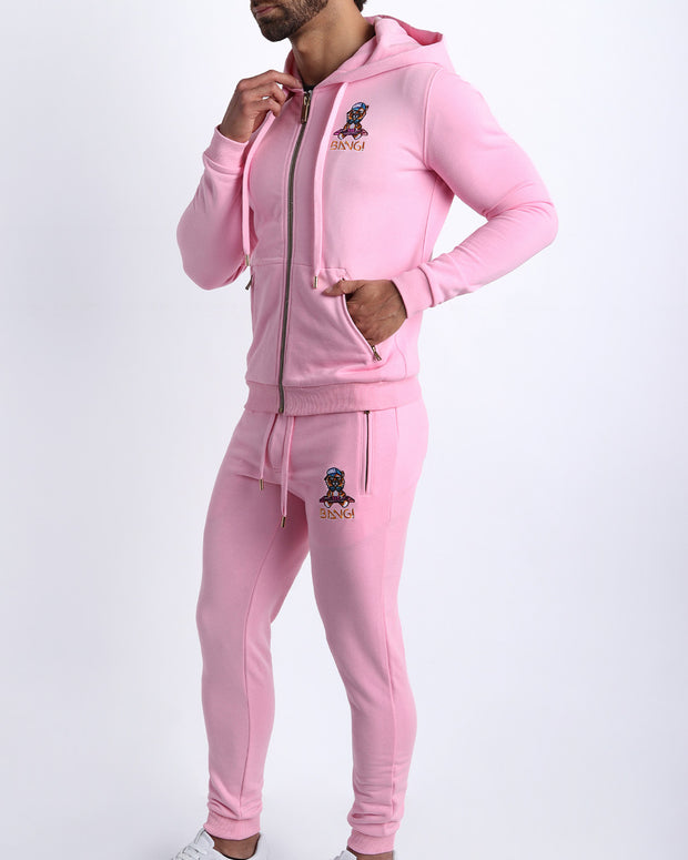 Frontal view of the matching EURO PINK Tracksuit Hoodie Jacket and the Tracksuit Pants for men in a soft moisture wicking and breathable tracksuit set. 