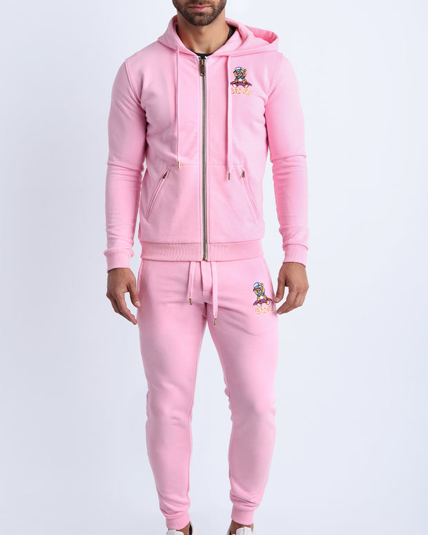 Frontal view of the matching EURO PINK Tracksuit Hoodie Jacket and the Tracksuit Pants for men in a soft moisture wicking and breathable tracksuit set. 