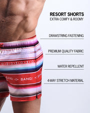Infographic of the FAWCETT SARAPE swimsuit for men, with red cord and custom branded golden cord-ends, and matching custom eyelet trims in gold. These Resort Shorts are water repellent, has 4-way stretch material, and made of premium quality fabric.
