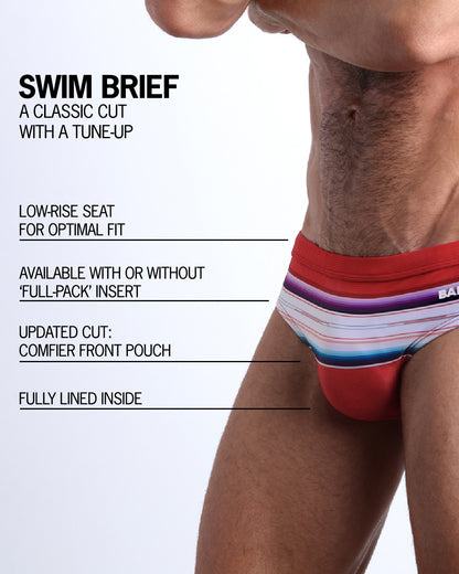 Infographic explaining the classic cut with a tune-up Swim Brief by BANG! Clothes. These men swimsuit is low-rise seat for optimal fit, available with or without 'Full-Pack' insert, comfier front pouch, and fully lined inside.