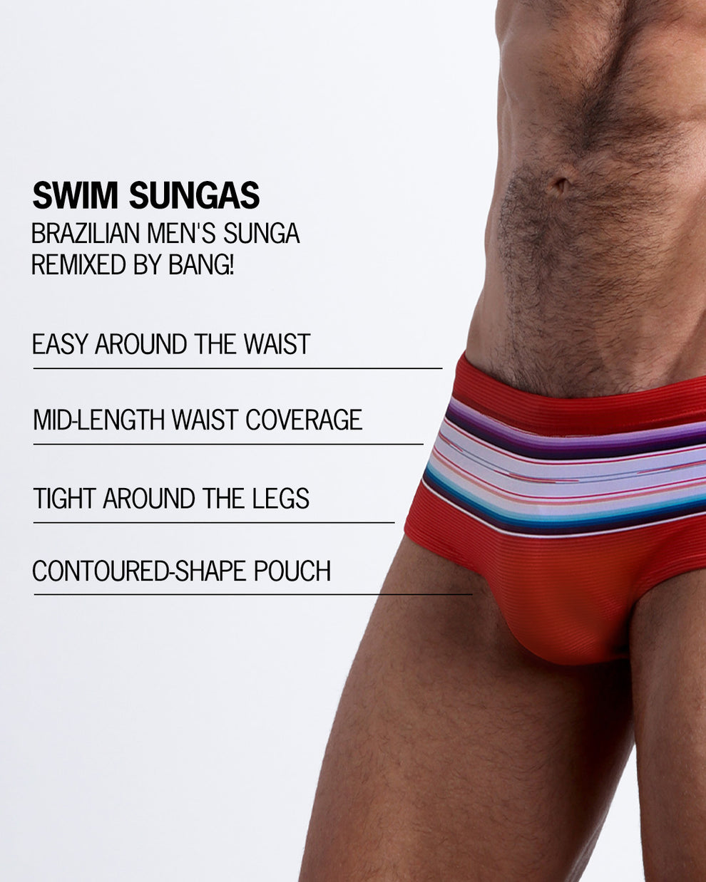 Infographic explaining the Brazilian Men's Swim Sunga remixed by BANG! These Swim Sunga are easy around the waist, are mid-length waist coverage, are tight aroung the legs, and have contoured-shape pouch.