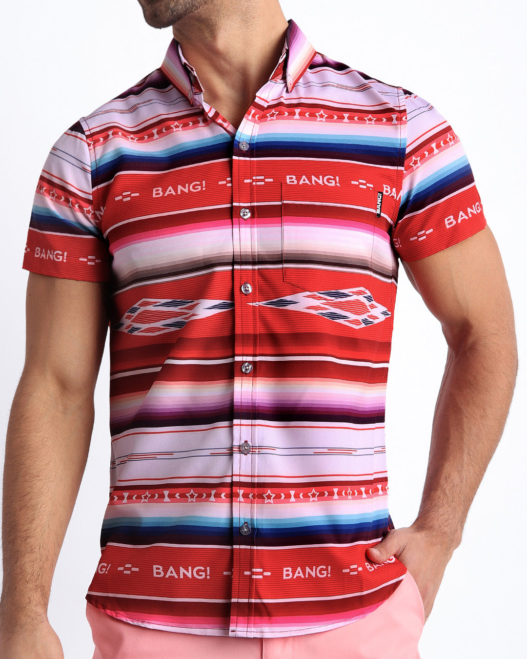 Front view of the FAWCETT SARAPE men’s short-sleeve  hawaiian stretch shirt featuring the iconic Farrah Fawcett 1976 swimsuit poster designed by the Bang! brand of men's beachwear from Miami.