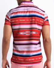 Back side of the FAWCETT SARAPE casual Summer shirt for men with red and white stripes inspired by a Mexican blanket or sarape by BANG! Clothes