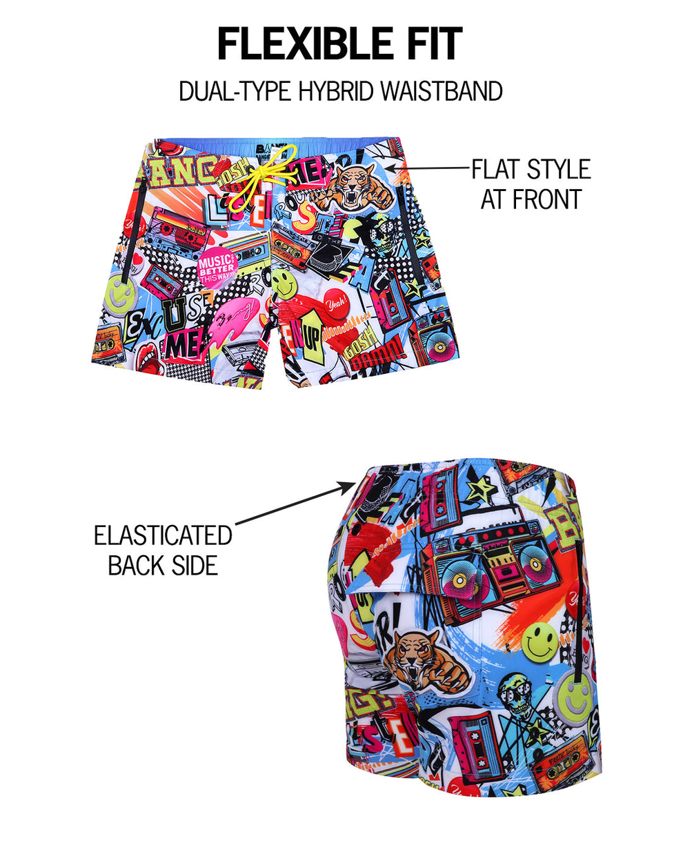 Infographic showing the flexibility of the shorts with a flat style at front and elastic back side. 
