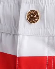 Close-up view of the FOUREVER STRIPES VOL 2 men’s summer mini shorts, showing custom branded metal button in gold.