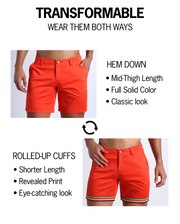 Infographic explaining the Bang! Clothing chino shorts 2-in-1 feature that can be worn both ways. Option of rolled-up cuffs for shorter length and showing internal print. Or hem down for a mid-thigh length and full-solid bright orange color showing.