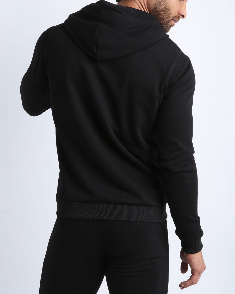 Back view of men's high quality outdoor jacket in a solid black color. Suitable for daily, school, work, jogging and hanging out in Winter.