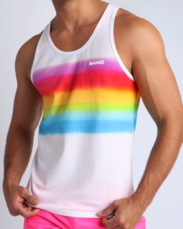 Side view of the GIMME YOUR LOVE casual soft tank top tribute to outfit of Mariah Carey in cover of Rainbow album perfect for poolside & beach.