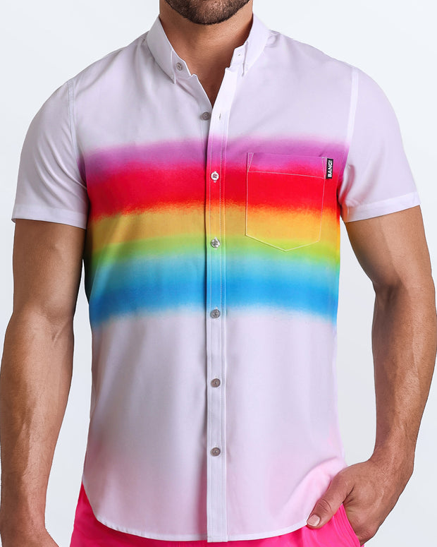 Front view of the GIMME YOUR LOVE men’s short-sleeve hawaiian stretch shirt with a spray paint style rainbow by the Bang! brand of men&