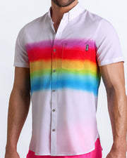 Side view of the GIMME YOUR LOVE men’s Summer button down in tribute to outfit of Mariah Carey in cover of Rainbow album with front pocket by Miami based Bang brand of men's beachwear.