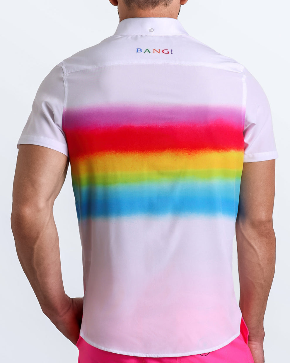 Back side of the GIMME YOUR LOVE stretch shirt for men insipired by Mariah Carey's Rainbow album cover photo by David LaChapelle by BANG! Miami.