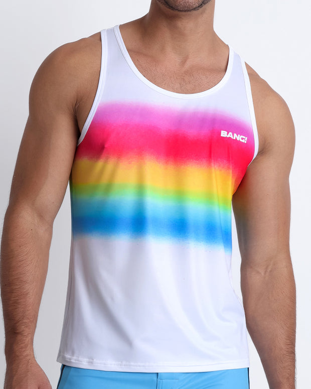 Front view of a sexy male model wearing new BANG Miami gimme your love tank top rainbow print Mariah Carey gay lgbtq 202