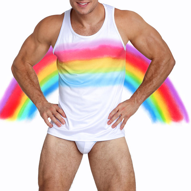 Front view of a sexy male model wearing new BANG Miami gimme your love tank top rainbow print Mariah Carey gay lgbtq 2021