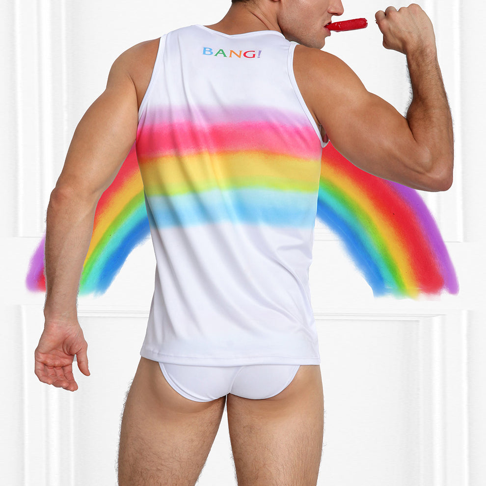 Back view of a sexy male model wearing new BANG Miami gimme your love tank top rainbow print Mariah Carey gay lgbtq 2021
