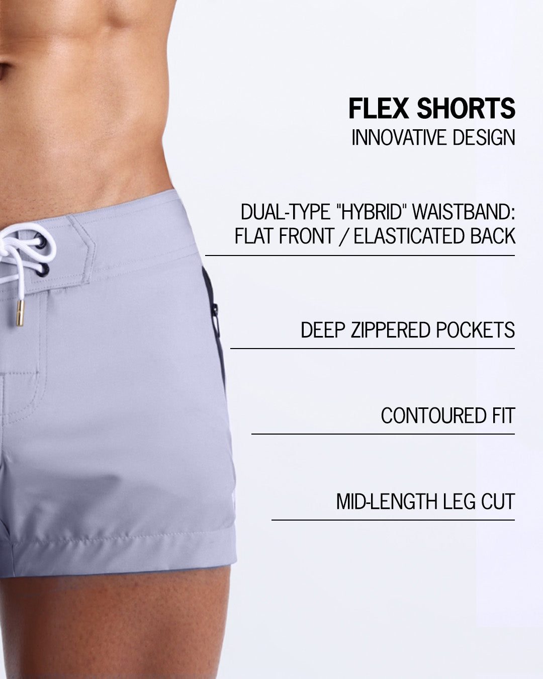 Infographic explaining the innovative design of the FLEX SHORTS. They're dual-type "hybrid" waistband, deep zippered pockets, contoured fit and mid-length leg cut by BANG! Clothes based in Miami.