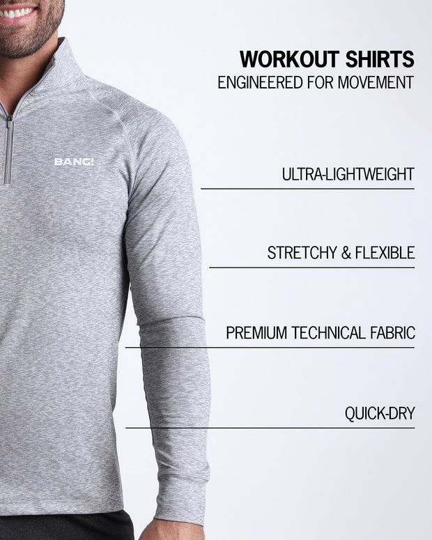 Infographic explaining the features of the GREY ANATOMY Workout Shirt made by BANG! Clothes. These shirts are engineered for movement, they are ultra-lightweight, stretchy & flexible, premium technical fabric, and is quick-dry.